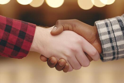 de cerca de un apretón de manos Entre dos individuos, uno con ligero piel y el otro con oscuro piel foto