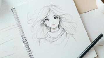 A hand-drawn anime character sketched in a spiral-bound notebook, featuring a girl with flowing hair photo