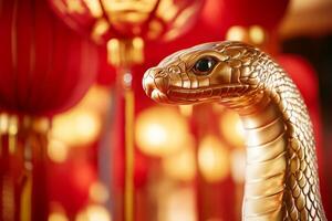 Minimalistic Chinese New Year background featuring a golden snake with traditional red lanterns and cloud motifs photo
