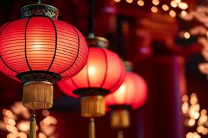 Vibrant Chinese New Year background with traditional red lanterns and golden snakes against a festive red backdrop photo