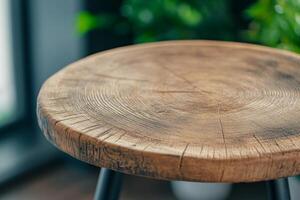 Close-up of a dark wooden tabletop showcasing a rustic matte finish in a modern interior setting photo