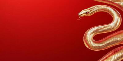 Modern Chinese New Year design featuring a minimalist golden snake on a vibrant red background photo