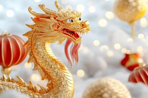 Bold 2025 Chinese New Year design with dynamic dragon, lanterns, and decorative clouds for festive celebration photo