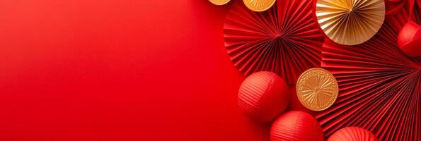 2025 Chinese New Year decor with red lanterns, paper cutouts, and golden coins on a minimalist backdrop photo