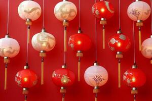 Vibrant red backdrop adorned with golden snake patterns and glowing lanterns for Chinese New Year celebrations photo