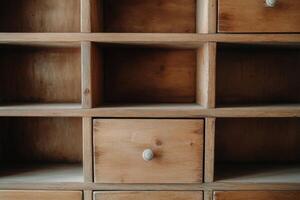 Detailed view of minimalist wooden kitchen drawers in rich brown creating a cozy modern atmosphere photo