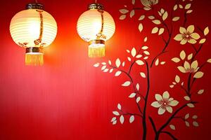 Vibrant red background adorned with golden snake patterns and glowing lanterns for traditional Chinese New Year photo