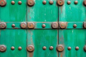 Weathered metal surface showcasing a beautiful green patina with rusty bolts in a rustic industrial setting photo