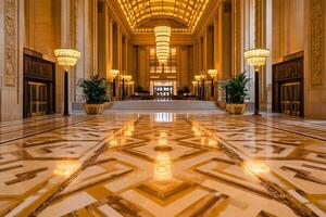 Explore the grandeur of a luxurious art deco hotel lobby featuring a stunning grand staircase and marble flooring photo