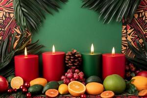 Kwanzaa kinara displayed with colorful gifts, fruits, and vegetables on a vibrant mat with traditional patterns photo