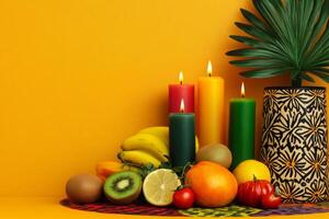 Kwanzaa table set with fruits, colorful candles, and patterns in a warm, festive atmosphere photo