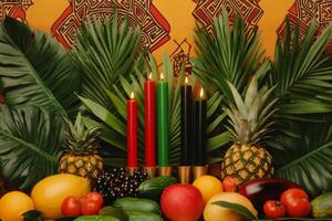Traditional Kwanzaa symbols with kinara, fruits, and vibrant African textile patterns arranged on a festive table photo