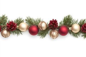 Minimalist Christmas border with pine branches, red and gold ornaments, and bells on a white backdrop photo