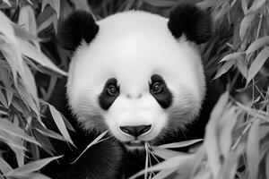 A panda bear enjoying bamboo in a lush forest with soft natural light enhancing its black-and-white fur photo