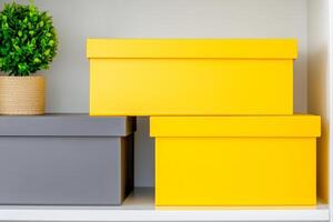 Organized storage with minimalist mustard yellow and dark gray boxes on a clean shelf photo