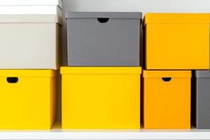 Storage boxes in mustard yellow and dark gray create a minimalist organization on a clean shelf background photo