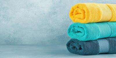 Aesthetic stack of folded towels in teal, blue-gray, and mustard yellow showcasing soft textures in a minimalist setting photo