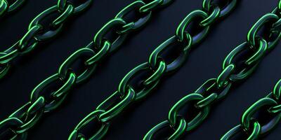 Metallic green chains laid against a dark navy background highlighting smooth textures and illuminated edges photo