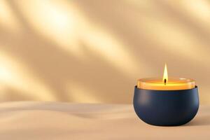 Luxurious navy blue candle casting warm light and soft shadows in an elegant setting photo