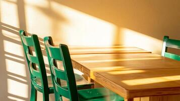 Relaxing cafe with green chairs and wooden tables illuminated by natural light photo