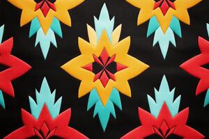 Vibrant Southwestern pattern featuring bold geometric shapes and bright hues on a black fabric background photo