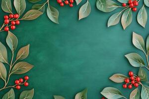Elegant vintage Christmas background featuring holly and berries on dark green canvas for festive decor photo