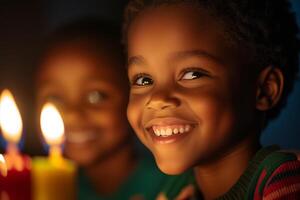 Children joyfully celebrating Kwanzaa by the kinara, admiring candles and sharing warmth in a familial atmosphere photo