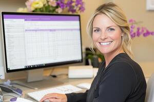 A clinic receptionist working diligently at a computer desk while managing patient appointments and records photo
