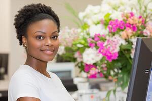 Clinic receptionist warmly assisting a patient while managing a busy appointment calendar photo