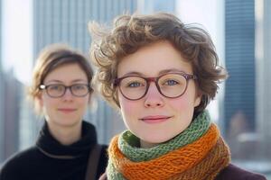 Two friends enjoying a day out in the city, smiling with stylish eyewear and colorful scarves in the background photo