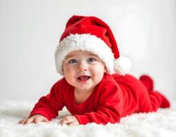 Smiling Baby in a Santa Hat and Festive Red Pajamas photo