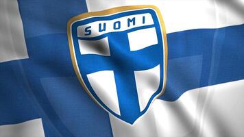 Abstract white flag with a blue wide crossed lines fluttering in the wind. Motion. Finland national football team logotype. For editorial use only. video