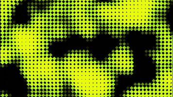 Grid of black tiny rhombuses and flowing shapes on fluorescent yellow background. Design. Diagonal movement of dark stains. video