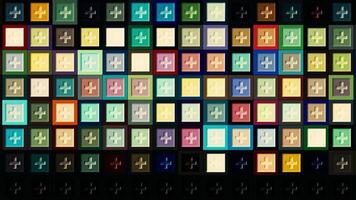 Abstract rows of blinking colorful squares with a plus icon on a black background, seamless loop. Motion. Geometric pattern with crossed short segments and shimmering squares. video