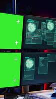 Vertical Hacker receiving access denied error message on chroma key monitors while doing corporate espionage. Scammer failing to steal information on competitor products using green screen PC, camera B video
