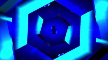 Flight in tunnel of spinning spiral shaped figures with changing colors, seamless loop. Motion. Abstract rotating motion of hexagons creating an endless corridor. video