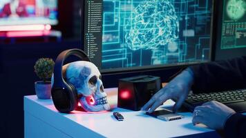 Hacker uploading sensitive data from SSD obtained from victim through ransomware virus, close up. Scammer inserting storage drive with stolen information from users, finishing evil plan, camera A video