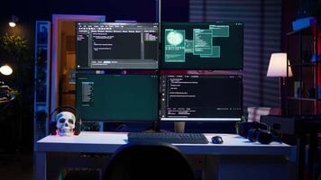 Code running on monitors in empty apartment used by hacker stealing state secrets from another countries. Malicious scripts on PC screens used by spy infiltrating governments video