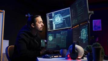 Hacker using AI technology to target vulnerable unpatched connections to steal data. Cybercriminal using artificial intelligence to compromise digital devices and gain illicit info, camera B video