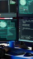 Vertical Hacker receiving access denied error message after being contracted by company in secret to do corporate espionage and steal information on competitor products to gain marketplace advantage, camera A video