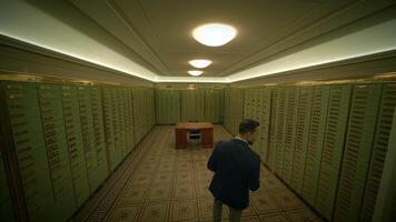 Man in long hallway with numerous lockers in building video