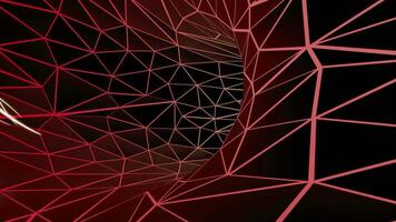 Neon multi coloured edged polygons moving and turning on a black background. Design. Flying backwards inside plexus tunnel. video