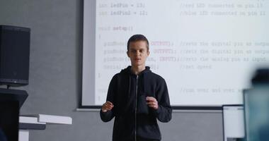 Lesson Of Computer Science In High School, Portrait Of Boy Speaking In Front Of Classmates video