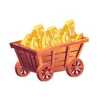 Mining cart with golds in flat design. Wheelbarrow with golden crystals. illustration isolated. vector