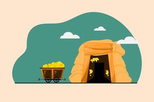 A cartoonish drawing of a train pulling a cart full of gold. The scene is set in a cave, with a large building in the background vector