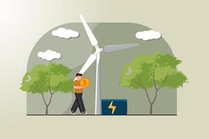 A man is walking with a coin in his hand and a wind turbine in the background vector