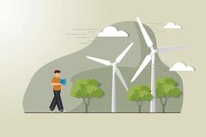 A man is walking in front of a wind farm vector