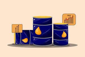 Three barrels of oil are shown with a price graph on top. The barrels are blue and yellow vector