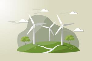 Three wind turbines are shown in a field with a cloudy sky in the background vector