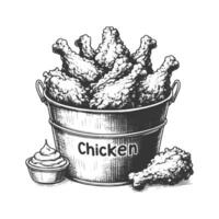 A drawing of chicken in a bucket with a dipping sauce vector
